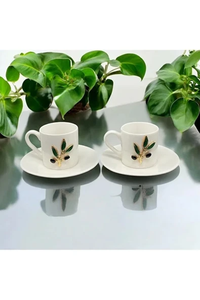 El Yapımı Zeytin Dalı - 4 Parça 2 Kişilik Kahve Fincan Takımı 80 Ml- Seramik Türk Kahve Bardağı ürün görseli 1