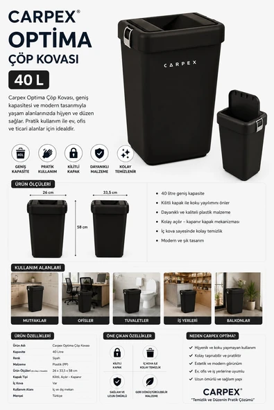 Carpex Optima Siyah Çöp Kovası 40 L 26x33,5x58 cm ürün görseli 1
