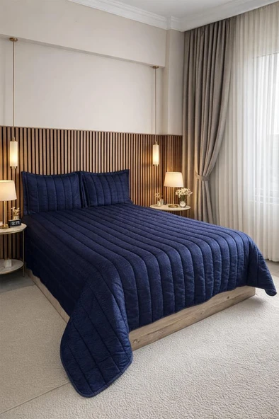 Velmira Jakarlı Kadife Elyaf Dolgulu Yatak Örtüsü 240x240 cm Lacivert ürün görseli 1