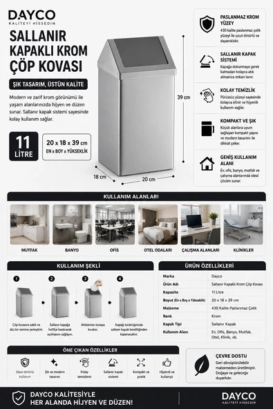 Dayco Sallanır Kapaklı Krom Çöp Kovası 11 L 20x18x39 cm ürün görseli 1