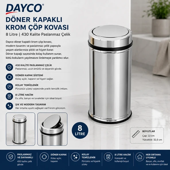 Dayco Döner Kapaklı 430 Kalite Krom Çöp Kovası 8 L 22*32,5 cm ürün görseli 1