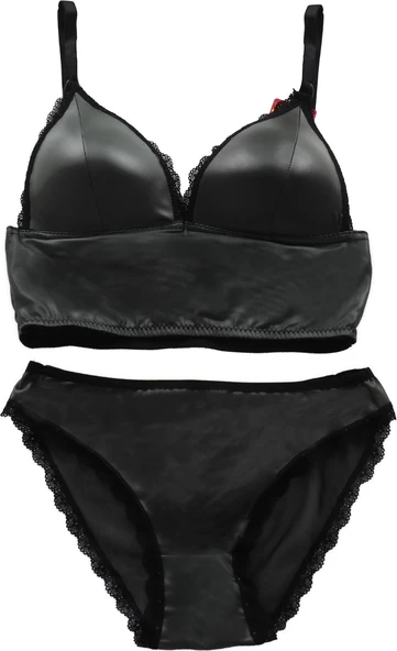 Kadın Bralette Sütyen Külot Takımı İnce Dolgulu Yeşil Deri Görünümlü ürün görseli 1