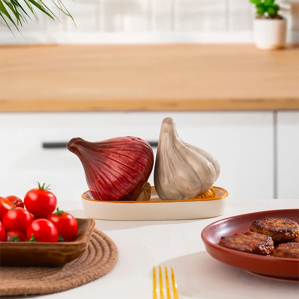 Porsima Mıo-036 Soğan Sarımsak Motifli 2li Standlı Tuzluk Biberlik Seti ürün görseli 1