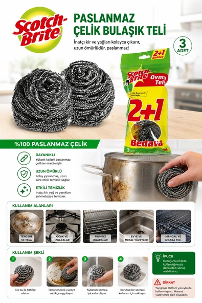 Scotchbrite Paslanmaz Çelik Bulaşık Teli 3'lü ürün görseli 1