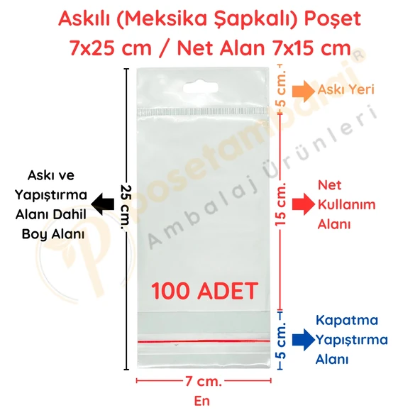 7x25 cm (Kapalı Hali 7x15 cm) 100 Adet Askılı Poşet - Meksika Şapkalı ürün görseli 1