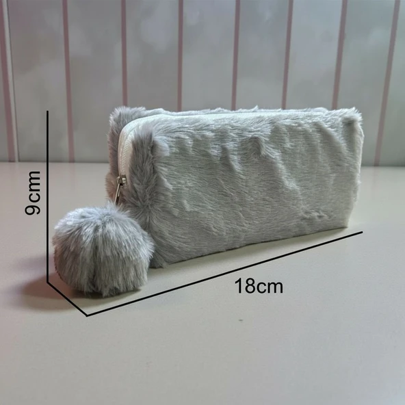 Elegance Peluş Ponponlu Gri Kalem Çantası ürün görseli 1