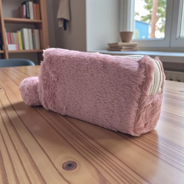 Elegance Peluş Ponponlu Pudra Rengi Kalem Çantası ürün görseli 1