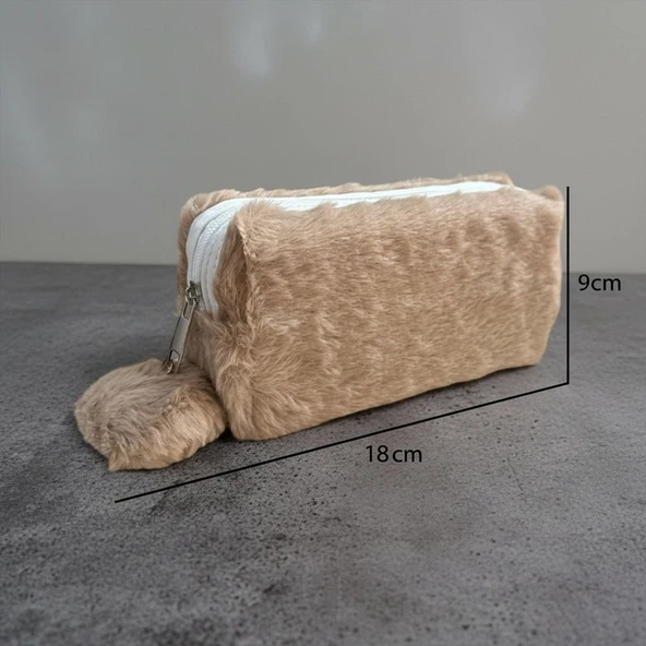 Elegance Peluş Ponponlu Kahverengi Kalem Çantası ürün görseli 1