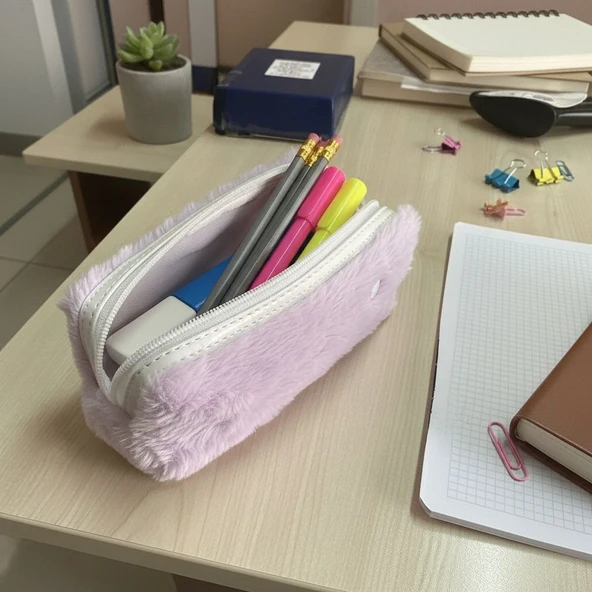 Elegance Peluş Ponponlu Lila Kalem Çantası ürün görseli 1