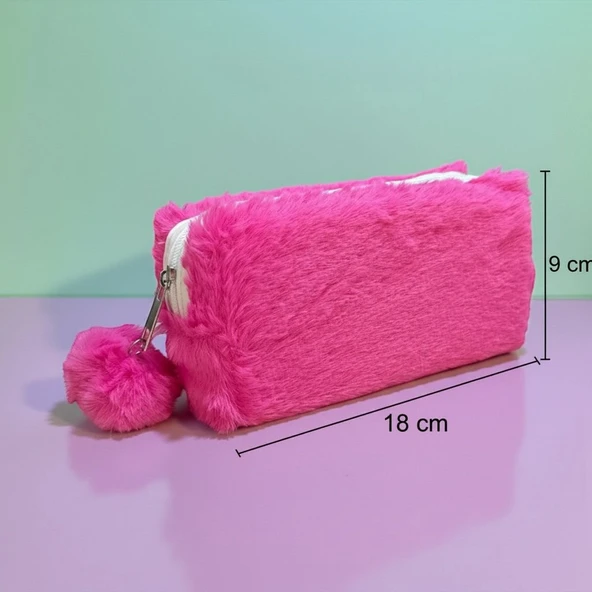 Elegance Peluş Ponponlu Canlı Pembe Kalem Çantası ürün görseli 1