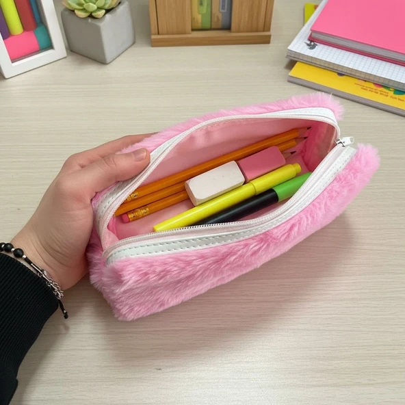 Elegance Peluş Ponponlu Pastel Pembe Kalem Çantası ürün görseli 1