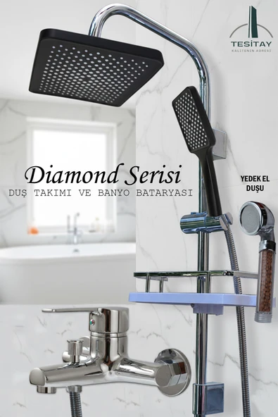 Geniş Şampuanlıklı Robot Duş Takımı ve Ağır Lüks Banyo Bataryası Diamond Serisi Musluk Armatür ürün görseli 1