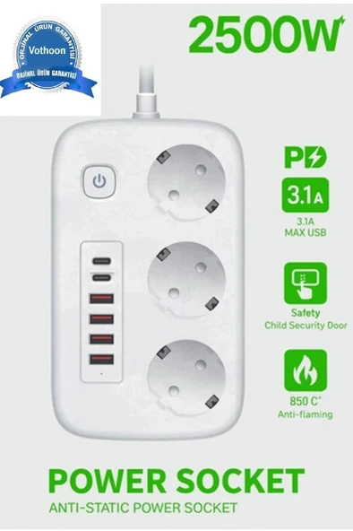 Akım Korumalı Priz ve Masaüstü Şarj İstasyonu Kablosuz 3 Priz ,4 USB, 2 Type-C Girişli 2 Metre ürün görseli 1