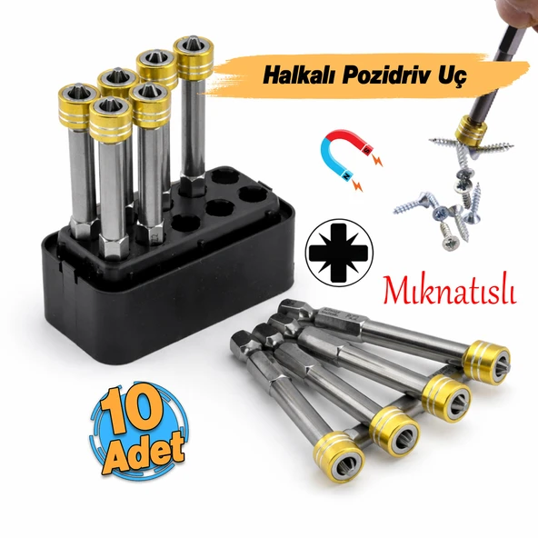 (10 Adet) N35 Mıknatıslı Pozidriv Yıldız Bits Uç Manyetik Halka S2 Çelik PZ2 65 mm 1/4" ürün görseli 1