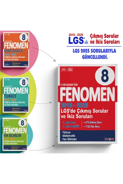 FENOMEN 8 LGS (MATEMATİK-FEN-TÜRKÇE) ÇIKMIŞ SORULAR VE İKİZ SORULARI SETİ (2018-2025) ürün görseli 1