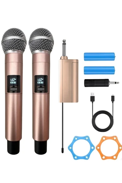 Profesyonel Çiftli Kablosuz Mikrofon Seti Karaoke Şarj Edilebilir 50 Metre Mesafe Rose ürün görseli 1