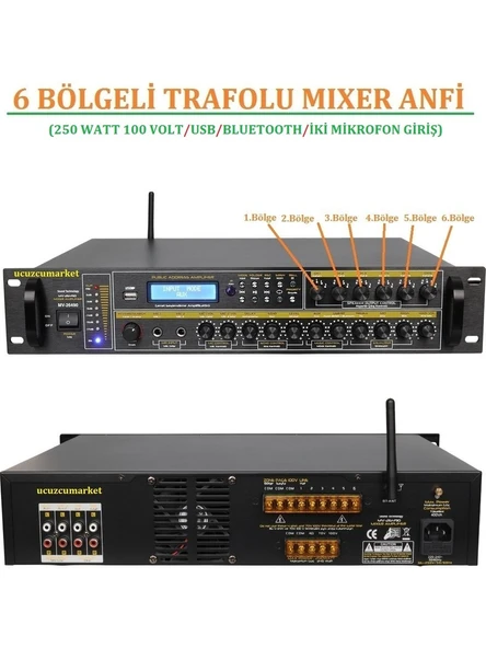 6 Bölgeli Trafolu Mixer Amfi ( 250 Watt 100 Volt Usb/bt iki Mic Giriş) ürün görseli 1