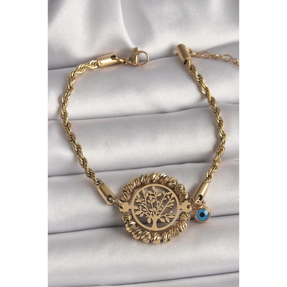 316L Çelik Gold Renk Burgu Zincir Model Dorika Yaşam Ağacı Figür Nazar Boncuk Detay Kadın Bileklik - TJ-BB6784 TG/Tmy 219955 ürün görseli 1