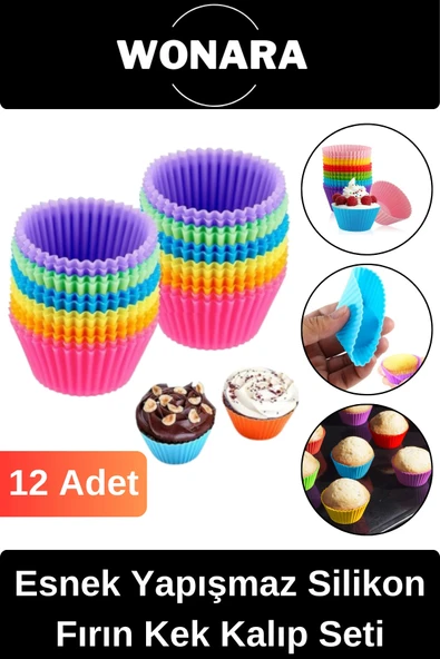 Premium Yüksek Isıya Dayanıklı Esnek Yapışmaz 12’li Silikon Fırın Muffin Cupcake Kek Kalıp Seti ürün görseli 1