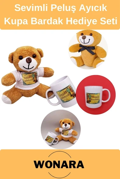 Özel Üretim Doğum Günü Hediye Seti - Happy Birthday Kupa ve Peluş Ayıcık Tasarımı ürün görseli 1