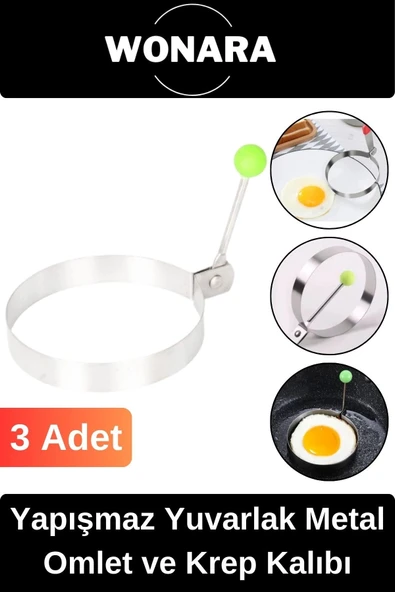 Premium Seri Yapışmaz Kaplamalı Dayanıklı Şık Tasarımlı Yuvarlak Metal Omlet ve Krep Kalıbı 3 Adet ürün görseli 1