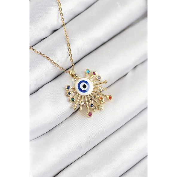 316L Çelik Zirkon Taşlı Nazar Model Gold Renk Kadın Kolye - TJ-BKO10544 TG/Tmy 224942 ürün görseli 1