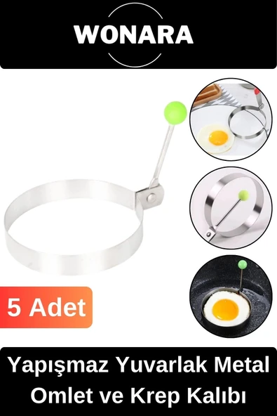 Premium Seri Yapışmaz Kaplamalı Dayanıklı Şık Tasarımlı Yuvarlak Metal Omlet ve Krep Kalıbı 5 Adet ürün görseli 1