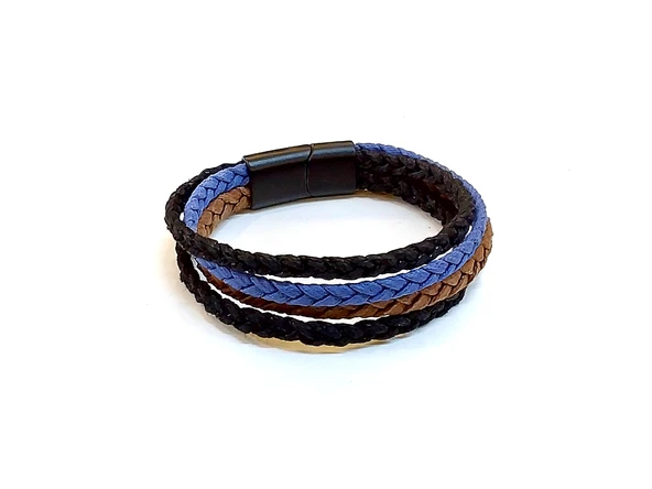 Blue Weave – Lacivert Detaylı Çok Katmanlı Siyah Deri Erkek Bileklik-1438 ürün görseli 1