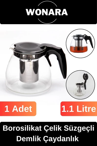 Özel Üretim Modern Isıya Dayanıklı Borosilikat Çaydanlık Bitki Çayı Çelik Süzgeçli Demlik 1.1 Lt ürün görseli 1