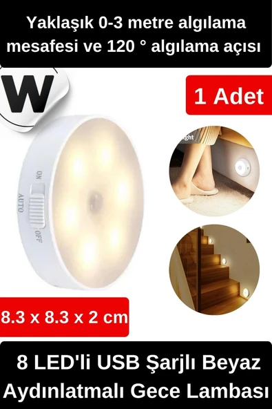 Özel Tasarım Mıknatıslı 3 Modlu Hareket Sensörlü 8 LED'li USB Şarjlı Beyaz Aydınlatmalı Gece Lambası ürün görseli 1