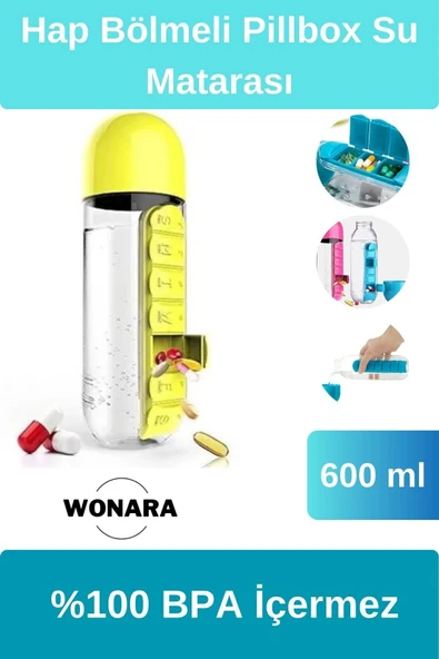 Özel Tasarım Uzun Ömürlü İlaç Kutusu Pillbox Su Matarası 600 Ml Suluk %100 BPA İçermez ürün görseli 1