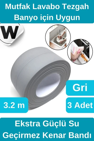 Premium Su Geçirmez Sızdırmaz Küf Yalıtım Banyo Mutfak Lavabo Gri Kenar Şerit Bant 3.2m 3 adet ürün görseli 1