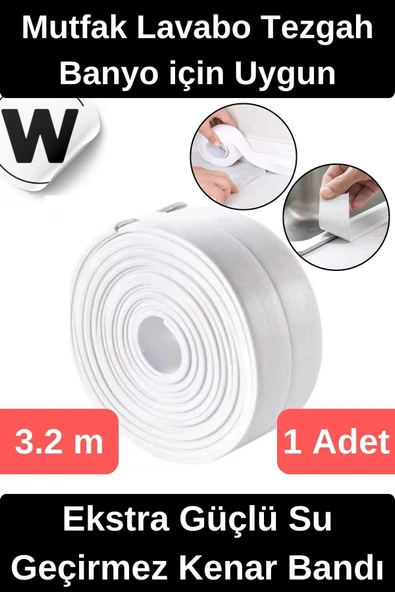 Premium Su Geçirmez Sızdırmaz Yalıtım Küf Banyo Mutfak Lavabo Beyaz Kenar Şerit Bant 3.2m 1 adet ürün görseli 1