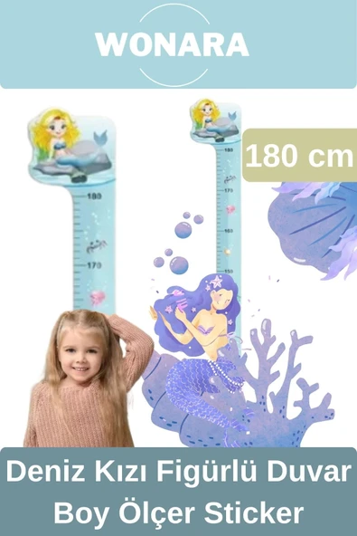 Özel Üretim Çocuk İçin Deniz Kız Figürlü Çift Taraflı Yapışkanlı Silinebilir Duvar Boy Ölçer Sticker ürün görseli 1