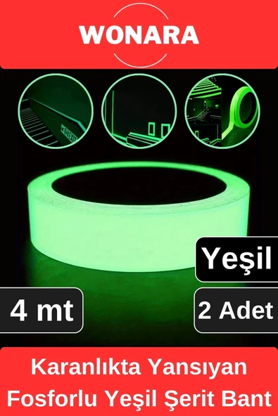 Premium Karanlıkta Yansıyan Yapışkanlı Işık Veren Fosforlu (Fotolümen) Yeşil Şerit Bant 4 mt 2 Adet ürün görseli 1