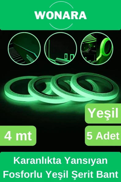 Premium Karanlıkta Yansıyan Yapışkanlı Işık Veren Fosforlu (Fotolümen) Yeşil Şerit Bant 4 mt 5 Adet ürün görseli 1