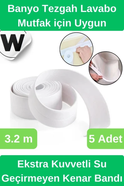 Deluxe Su Geçirmez Önleyici Yalıtım Küf Mutfak Banyo Lavabo Beyaz Kenar Şerit Bant 3.2m 5 adet ürün görseli 1
