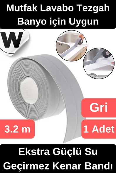 Premium Su Geçirmez Sızdırmaz Yalıtım Küf Banyo Mutfak Lavabo Gri Kenar Şerit Bant 3.2m 1 adet ürün görseli 1