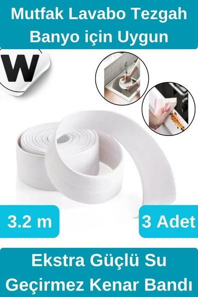 Premium Su Geçirmez Sızdırmaz Küf Yalıtım Banyo Mutfak Lavabo Beyaz Kenar Şerit Bant 3.2m 3 adet ürün görseli 1