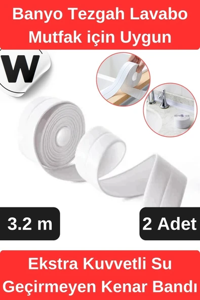 Premium Su Geçirmez Önleyici Yalıtım Küf Banyo Mutfak Lavabo Beyaz Kenar Şerit Bant 3.2m 2 adet ürün görseli 1