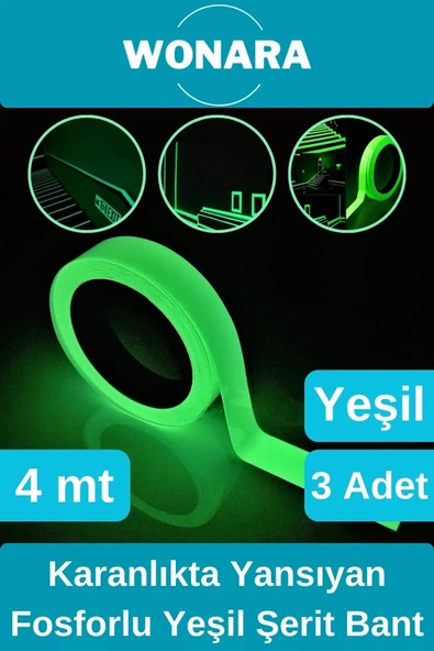 Premium Yapışkanlı Karanlıkta Yansıyan Işık Veren Fosforlu (Fotolümen) Yeşil Şerit Bant 4 mt 3 Adet ürün görseli 1