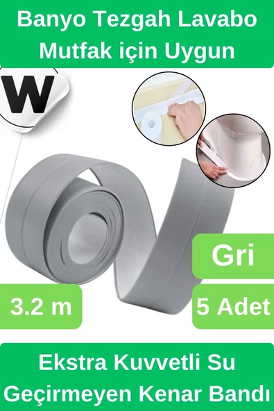 Premium Su Geçirmez Önleyici Yalıtım Küf Mutfak Banyo Lavabo Gri Kenar Şerit Bant 3.2m 5 adet ürün görseli 1