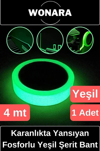 Premium Yapışkanlı Karanlıkta Yansıyan Işık Veren Fosforlu (Fotolümen) Yeşil Şerit Bant 4 mt 1 Adet ürün görseli 1