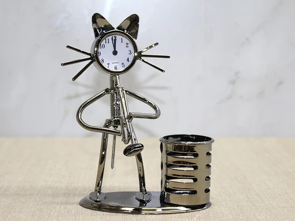 Metal Saksafon Çalan Kedi Müzisyen Saat Ve Kalemlik Alk4346 mirKH002K-AALK4346 ürün görseli 1