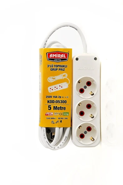 Amiral 3' Lü Topraklı 5 Metre Kablolu Grup Priz mirAH009K-AVH-933 ürün görseli 1