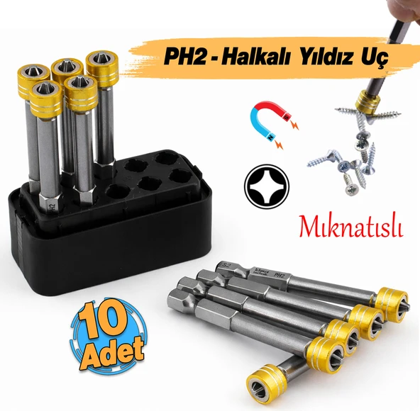 (10 Adet) N35 Mıknatıslı PH2 Yıldız Bits Uç Manyetik Halka S2 Çelik PH2 65 mm 1/4" ürün görseli 1