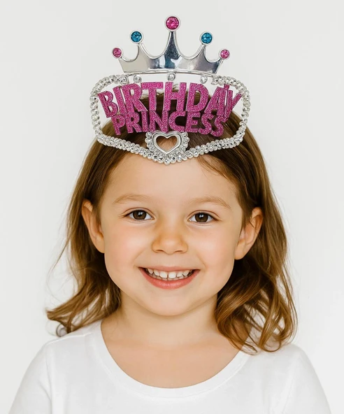 Gümüş Renk Taç Üzeri Pembe Birthday Prenses Yazılı Çocuk Parti Tacı 11x12 Cm mirSM0010K-SMR-D217 ürün görseli 1