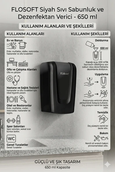 Flosoft Siyah Sıvı Sabunluk Ve Dezenfektan Verici 650 ml ürün görseli 1