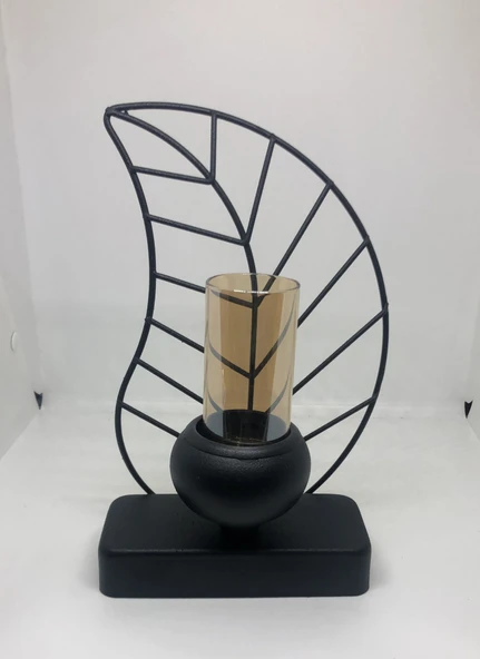 Yaprak TeaLight Siyah/Gold Metal Mumluk 28 CM ürün görseli 1