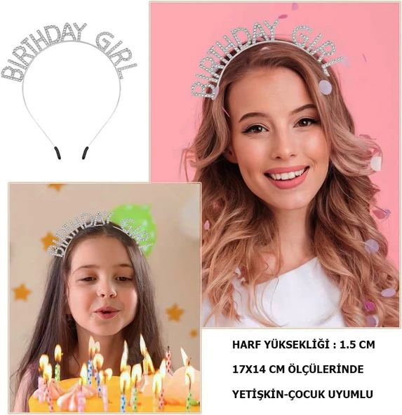 Kristal Taşlı Gümüş Birthday Girl Yazılı Doğum Günü Parti Tacı 19x11 Cm mirSM0010K-SMR-C080 ürün görseli 1